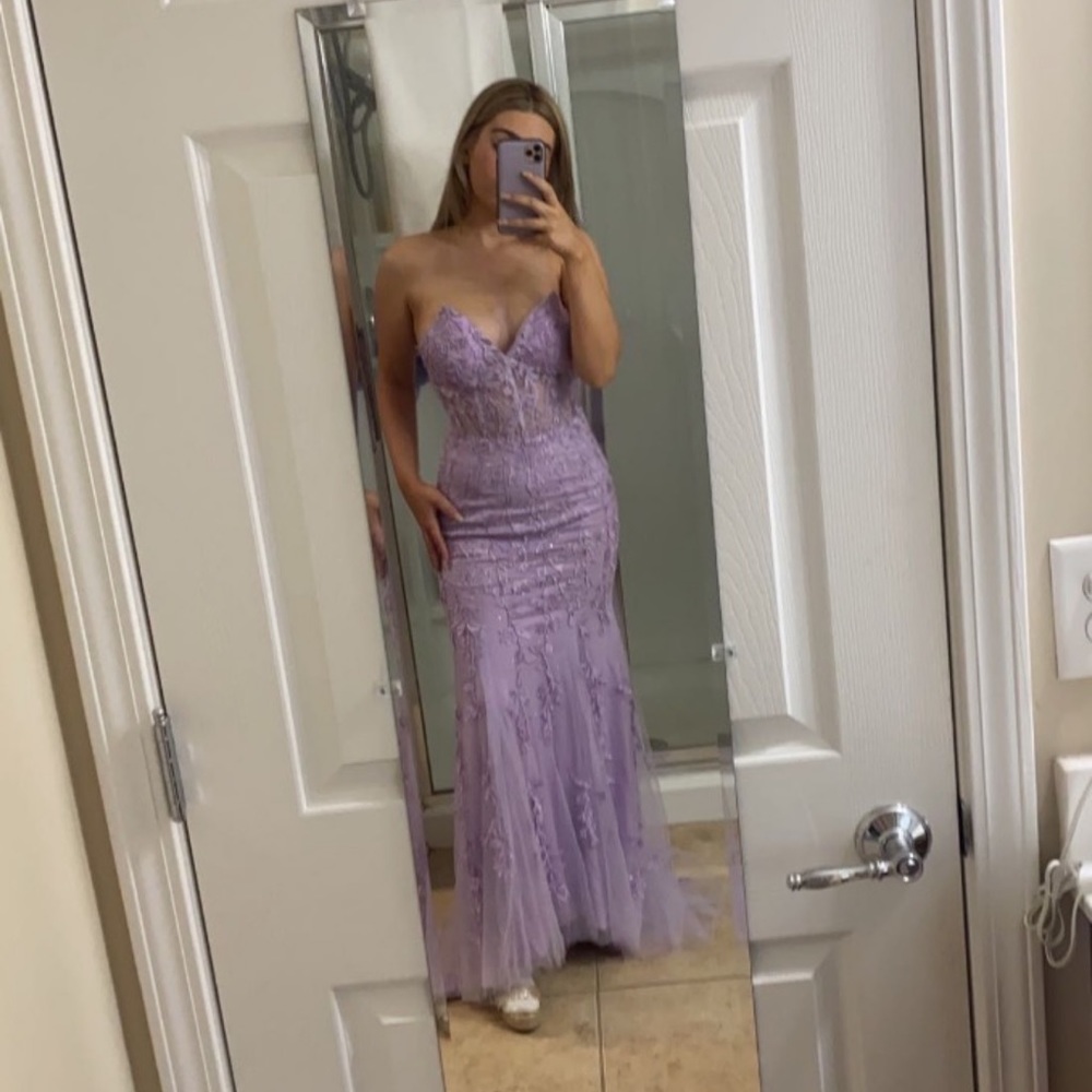 Stunning, custom made purple lace prom dress